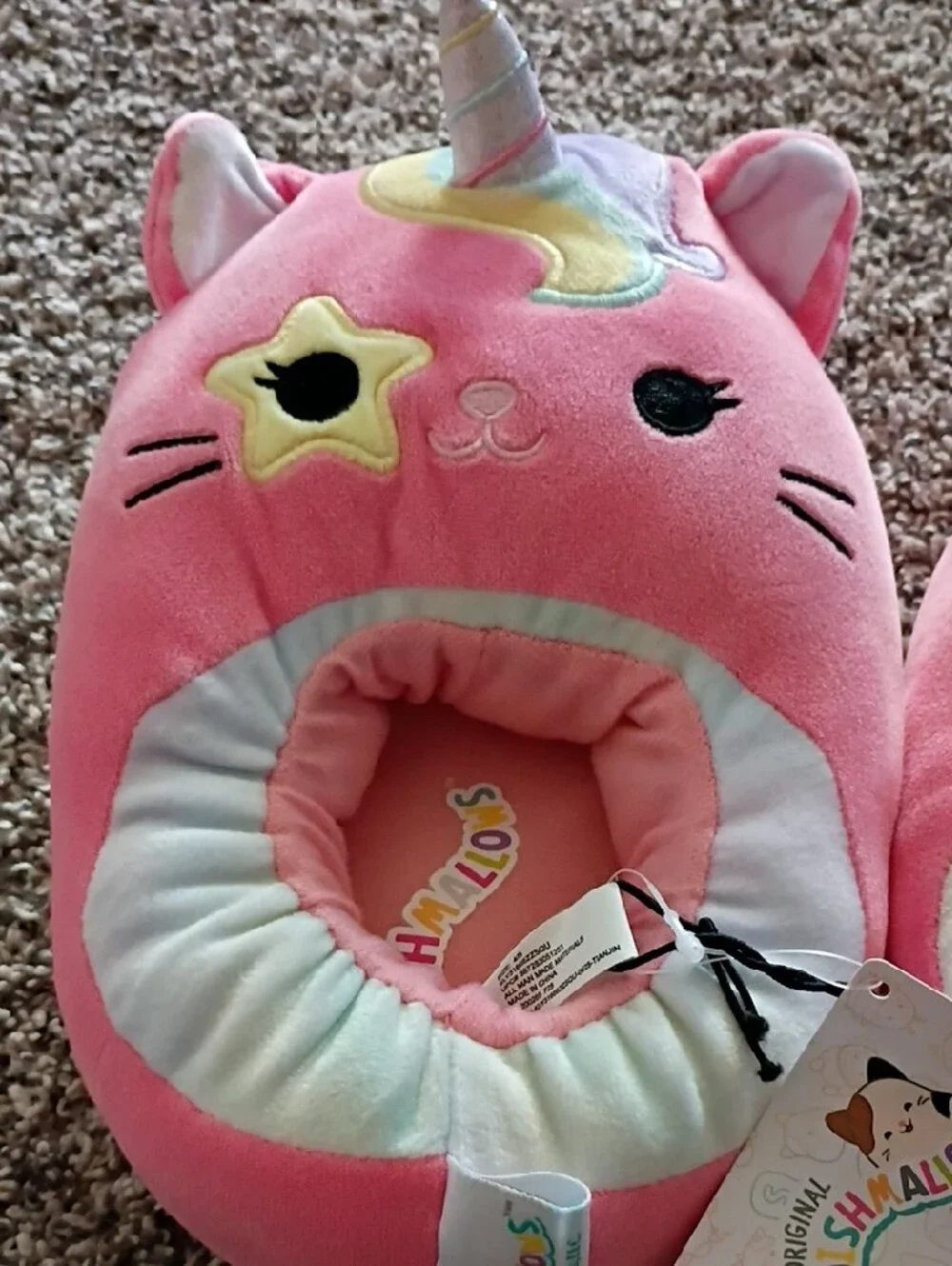 Squishmallows Pink Unicorn Cat Plush Kids Slippers with Pastel Accents